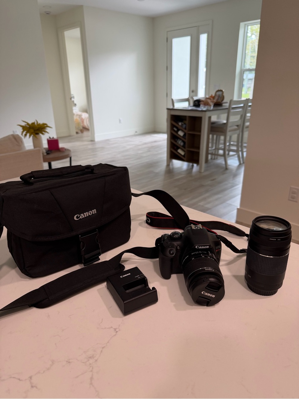 Canon E05 Rebel T6 DSLR Camera Kit in Black with Two Lenses and Carrying Case